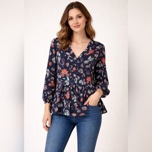 Andrée Navy Floral V-Neck Peplum Blouse – Size Medium RS 21